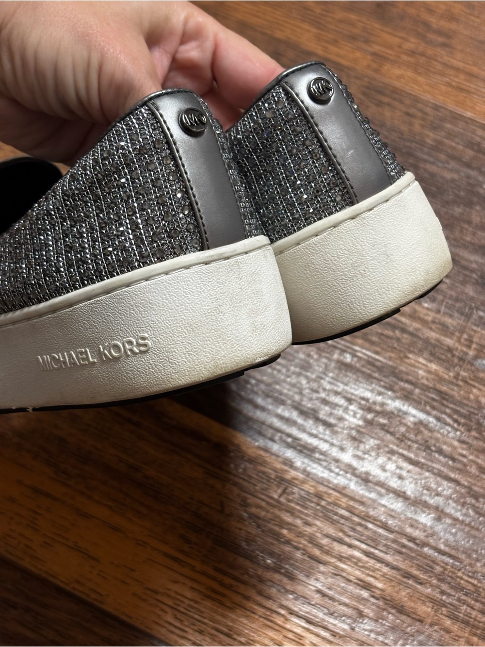 Michael Kors Women's Bedazzled Diamond Grey Metallic Silver Slip-On Sneakers - Picture 3 of 10